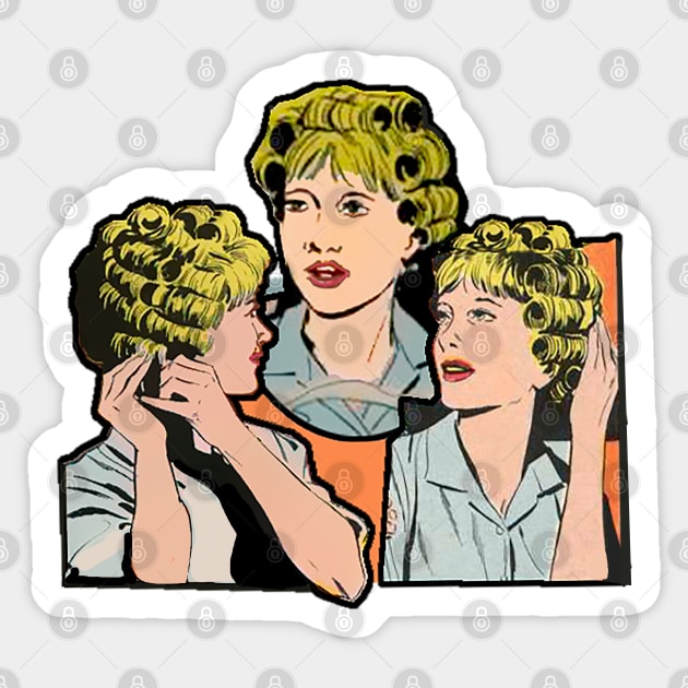 Curling her blond hair with curlers Sticker by Marccelus